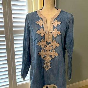 Denim tunic w/beige embroidery